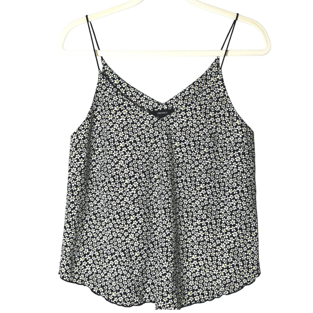 Forever 21 Women Small Floral Spaghetti Strap Top Black White Yellow Ditsy Print